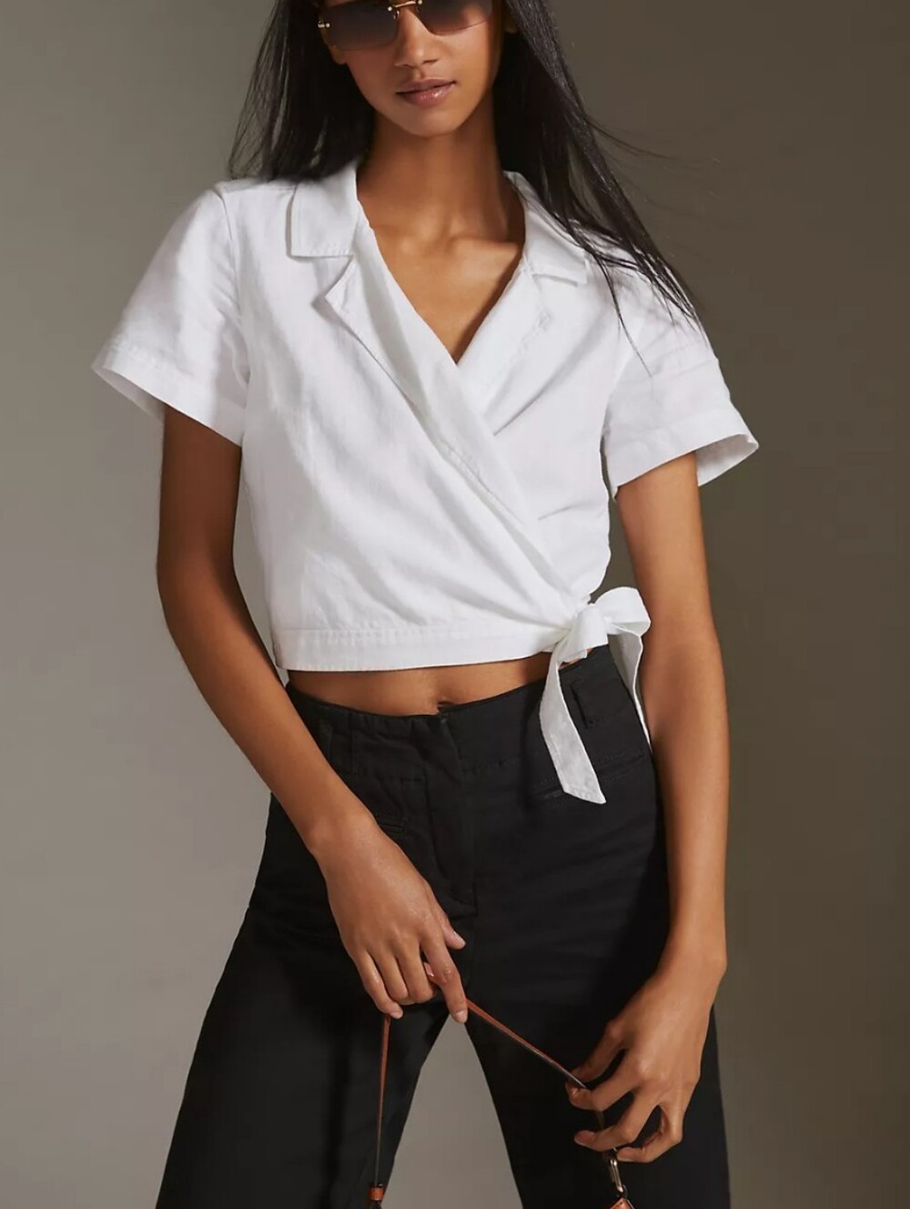 Anthropologie cloth & stone Linen Blend White Short-Sleeve Wrap Crop Top